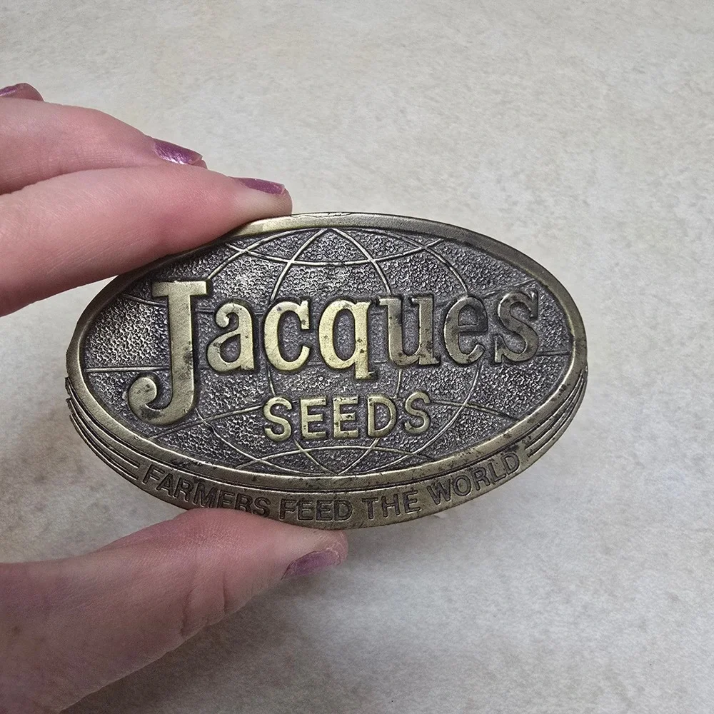 Vintage Jacques Seeds Belt‎ Buckle Farmers Feed The World Brass Tone Oval Ag